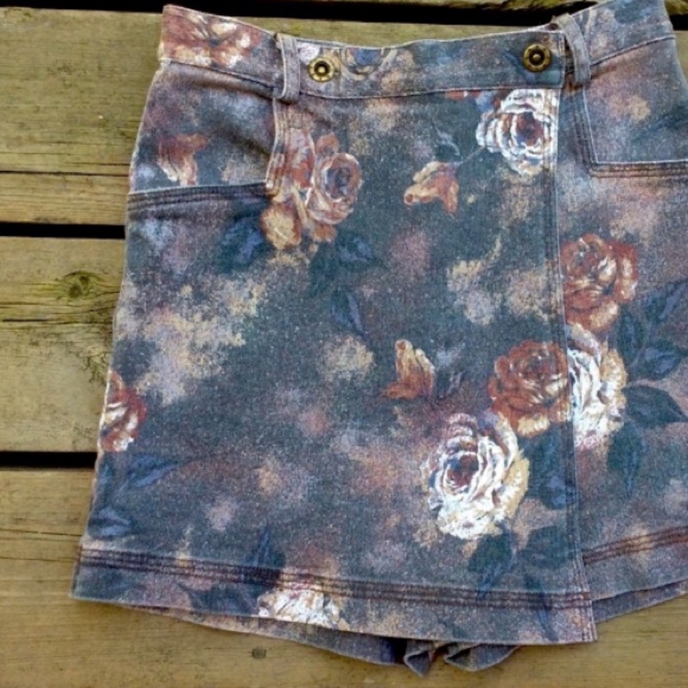 STEPHANIE Skirt Skort Shorts Vintage Retro Boho Floral Gray Brown Size X Small